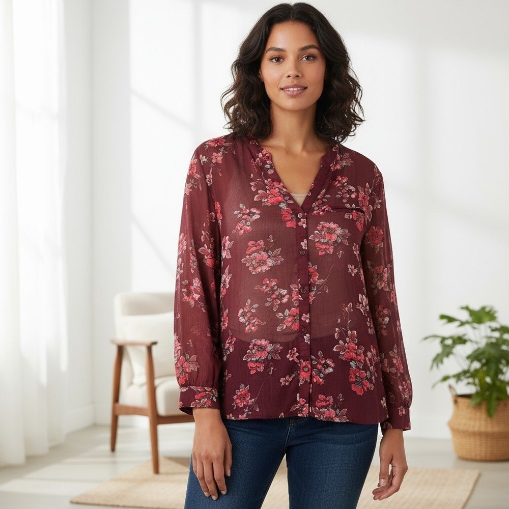 KUT‎ From The Kloth Sheer Blouse Top Women's XL Floral Print Long Sleeve Sheer